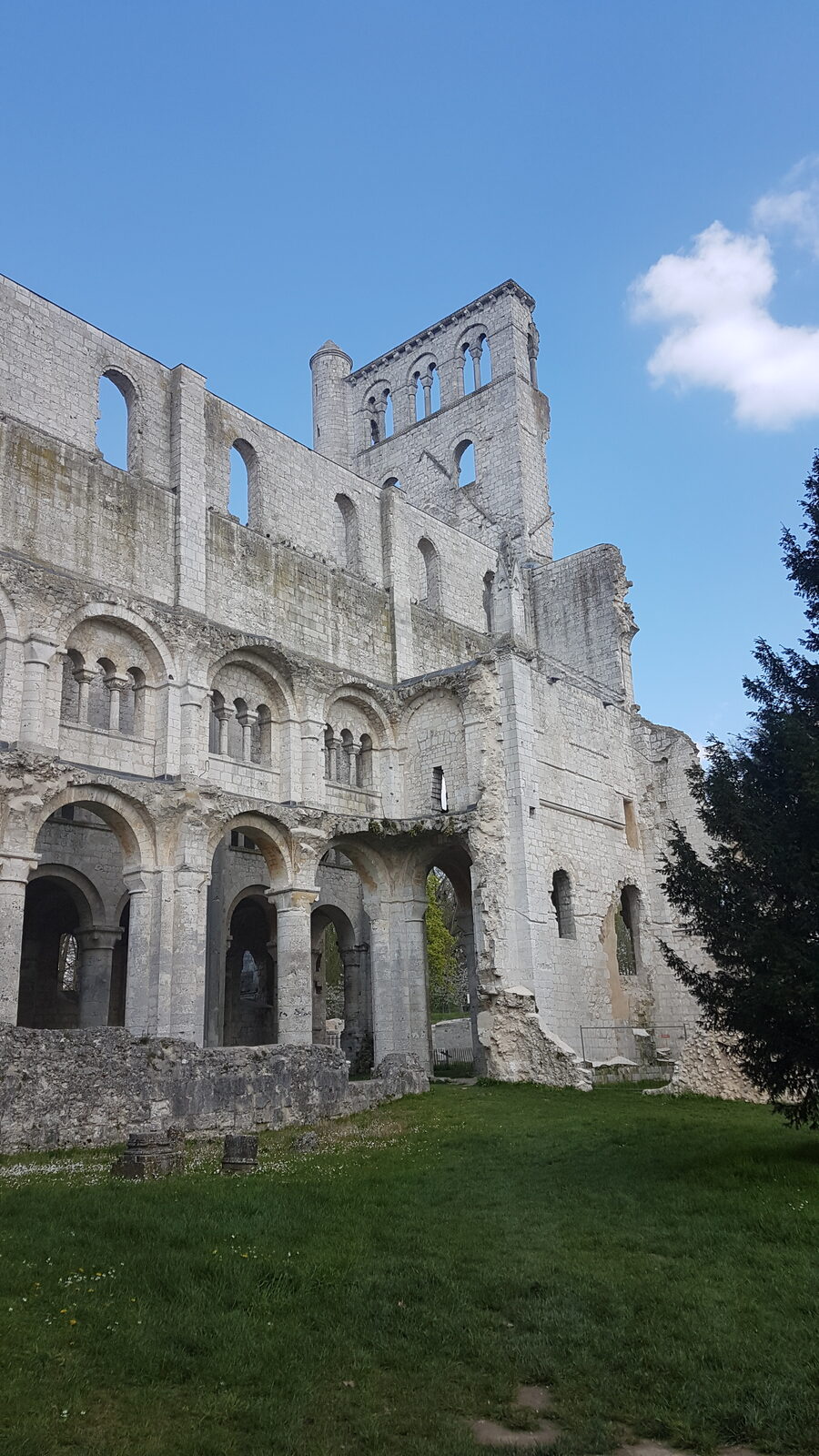 il fianco dell’abbazia di Jumièges, con le arcate romaniche su più livelli