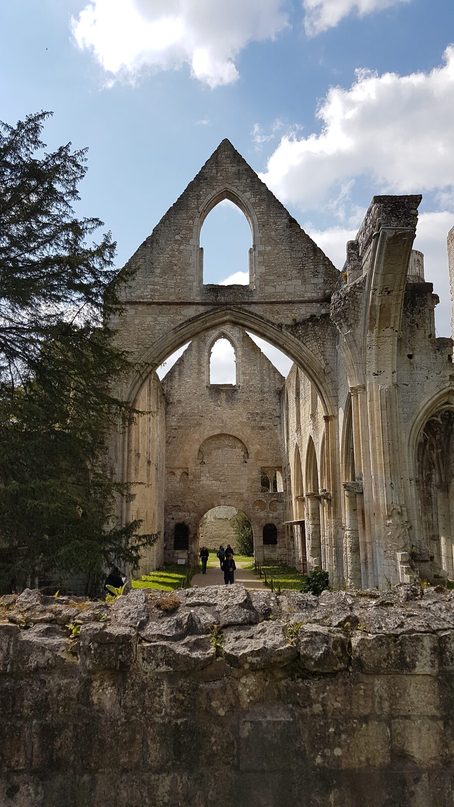 il timpano e le arcate della chiesa di Saint-Pierre a Jumièges, viste dal muro di cinta