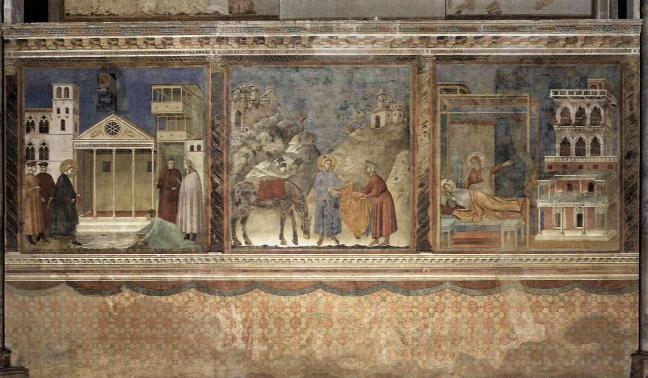 tres escenas del ciclo de las Historias de san Francisco en la basílica superior de Asís