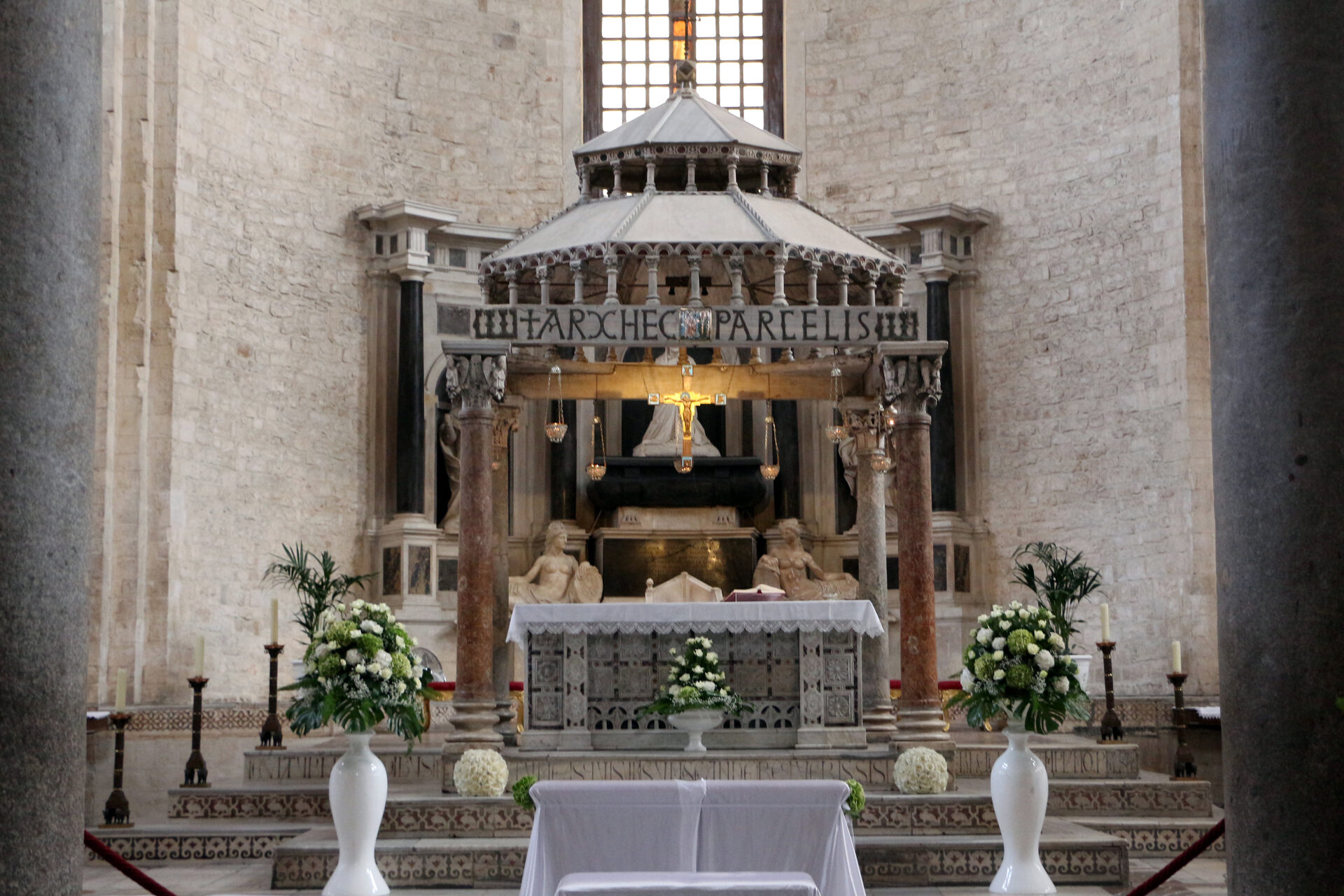the twelfth century ciborium over the high altar of the basilica of san nicola in bari with its four marble columns