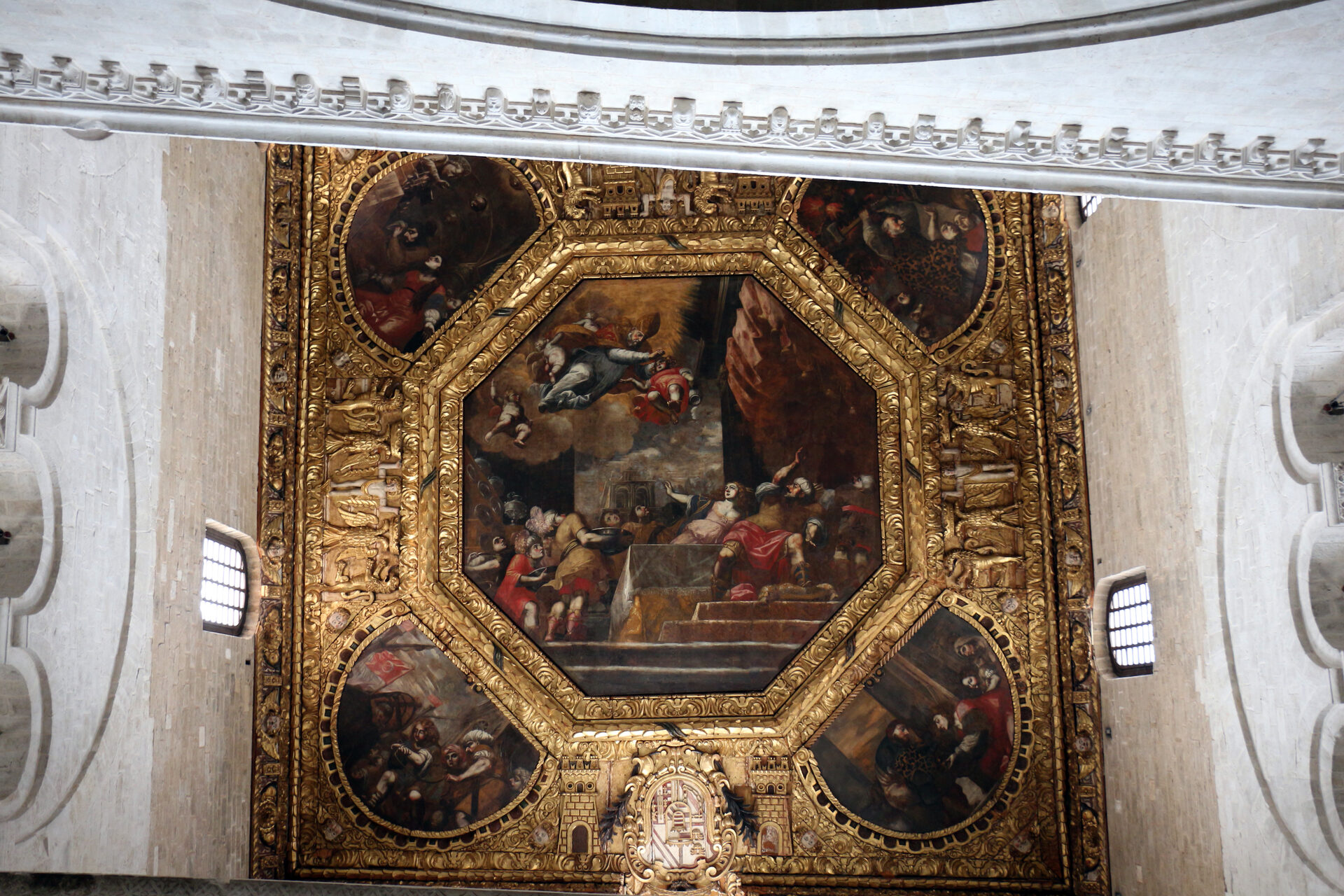 the gilded coffered ceiling of the basilica of san nicola in bari with the seventeenth century canvases by carlo rosa