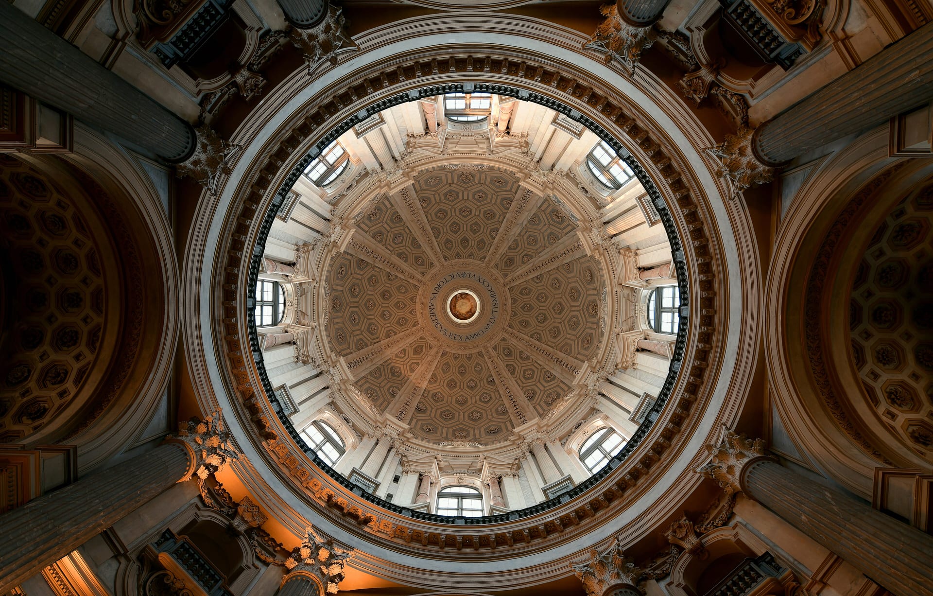 the dome of the basilica of superga seen from inside, with the drum windows and the lantern