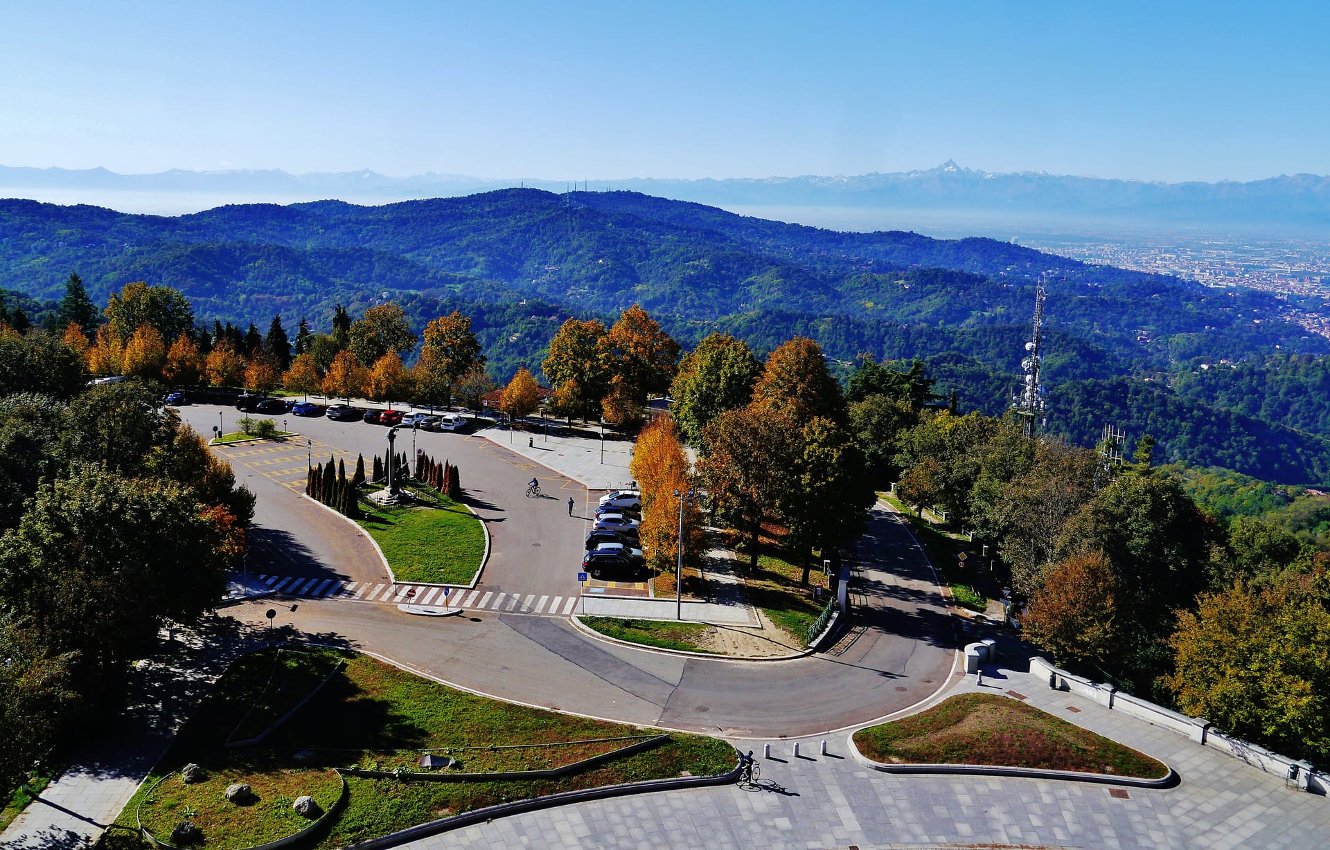 the view over the turin plain and the alps from the basilica of superga