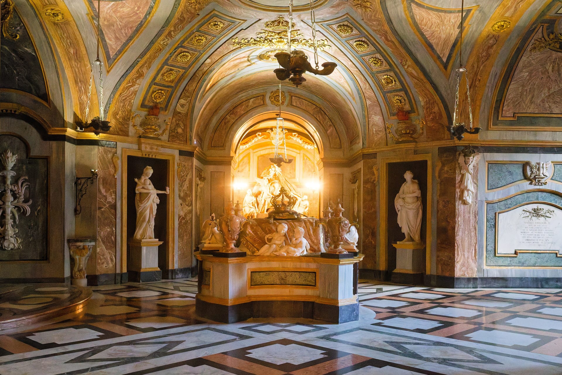 the crypt of the royal tombs of the house of savoy beneath the basilica of superga, with polychrome marble and the central monument