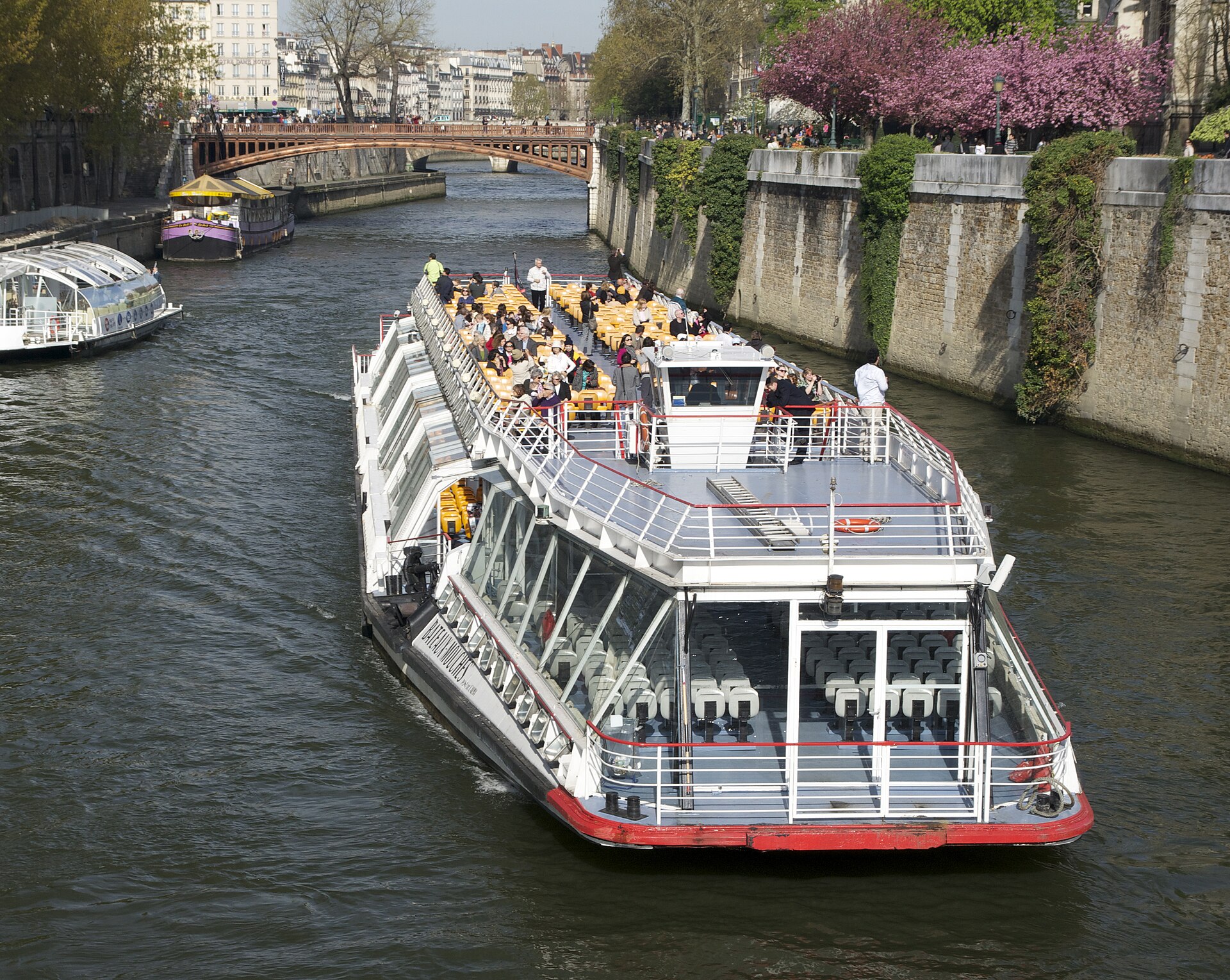 un bateau mouche con il tetto di vetro naviga sulla senna vicino all’île de la cité, con un ponte in pietra e gli alberi in fiore sulla riva