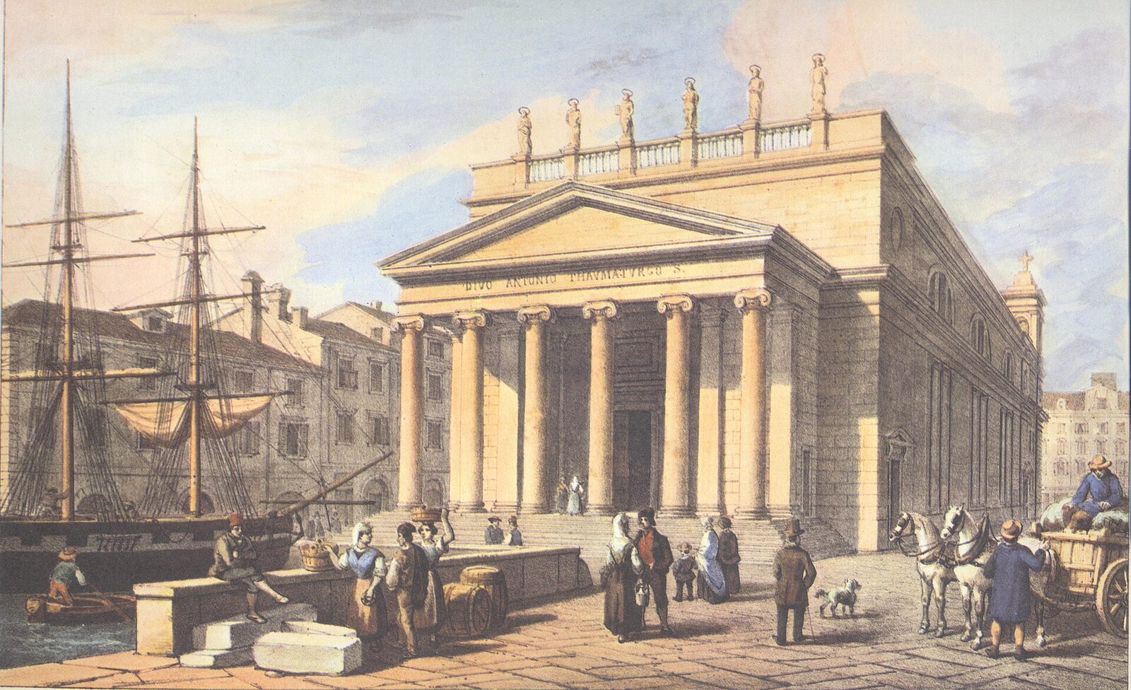 disegno di marco moro del 1854 con i velieri ormeggiati nel canal grande davanti alla chiesa di sant antonio a trieste