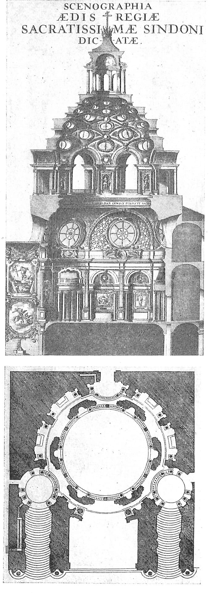 the section of the chapel of the holy shroud engraved by guarino guarini, with six tiers of arches rising towards the lantern