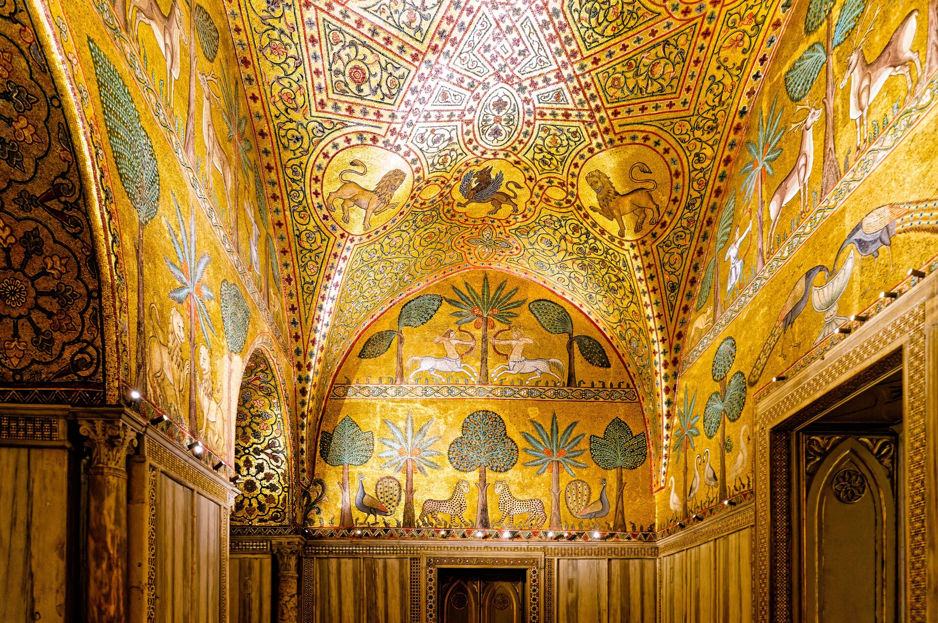 mosaics with animals and plant motifs in the rooms of the palazzo dei normanni in palermo