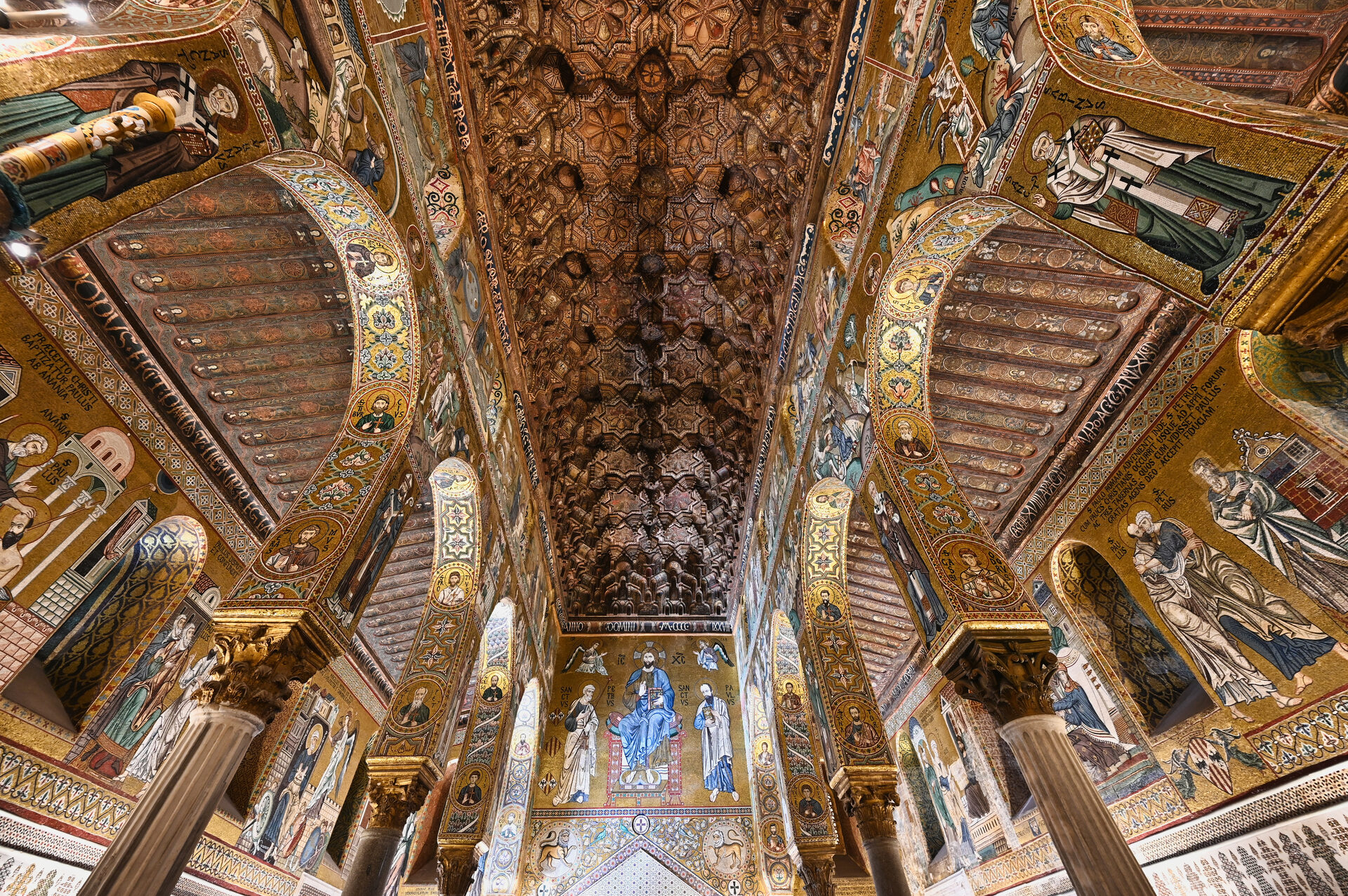 the mosaics of the dome and vaults of the palatine chapel seen from below