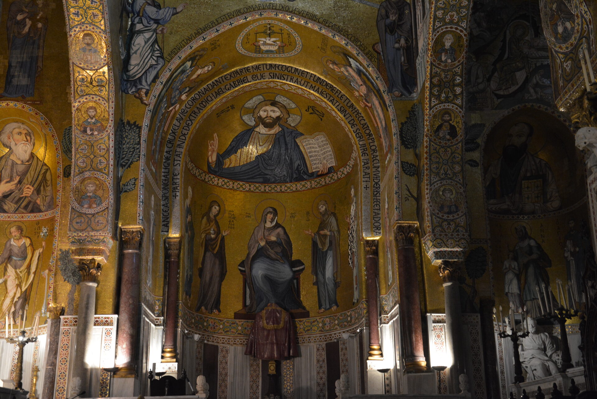 christ pantocrator in the palatine chapel with the saints and angels on the walls