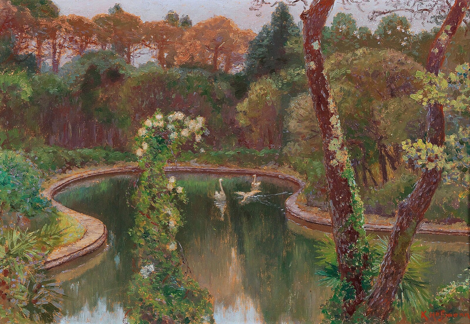 dipinto ottocentesco del laghetto dei cigni nel parco di miramare con i pini e le rose