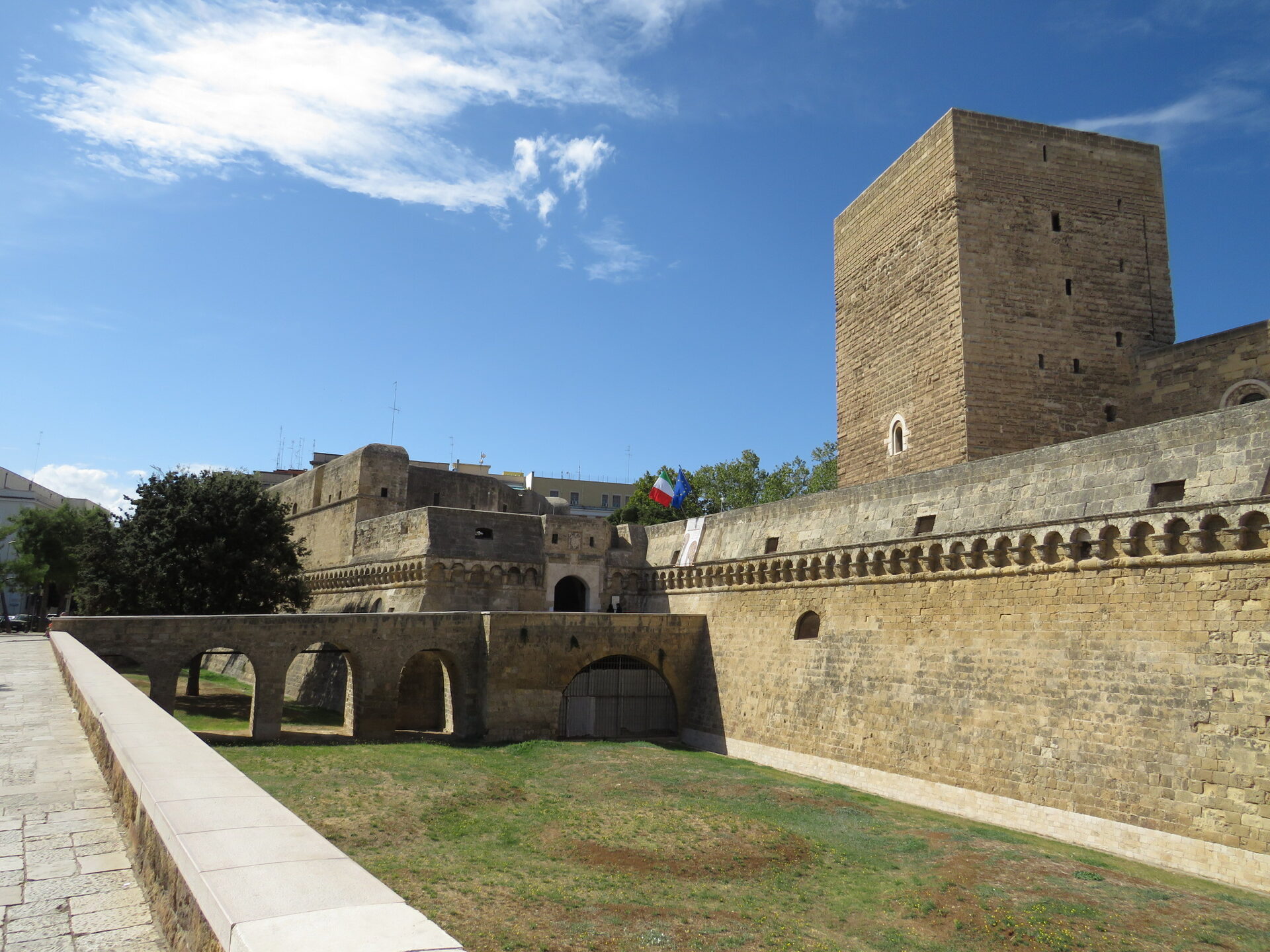 the swabian castle of bari seen from the dry moat with the sixteenth century bastion and the central tower