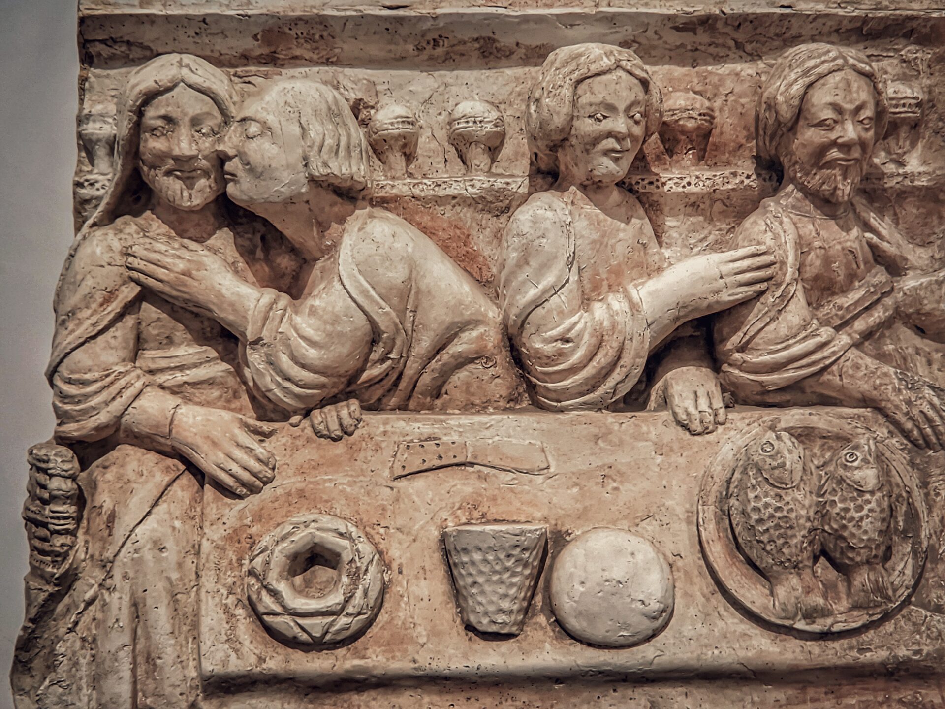 a plaster cast of a relief with the last supper in the gypsotheque of the swabian castle of bari