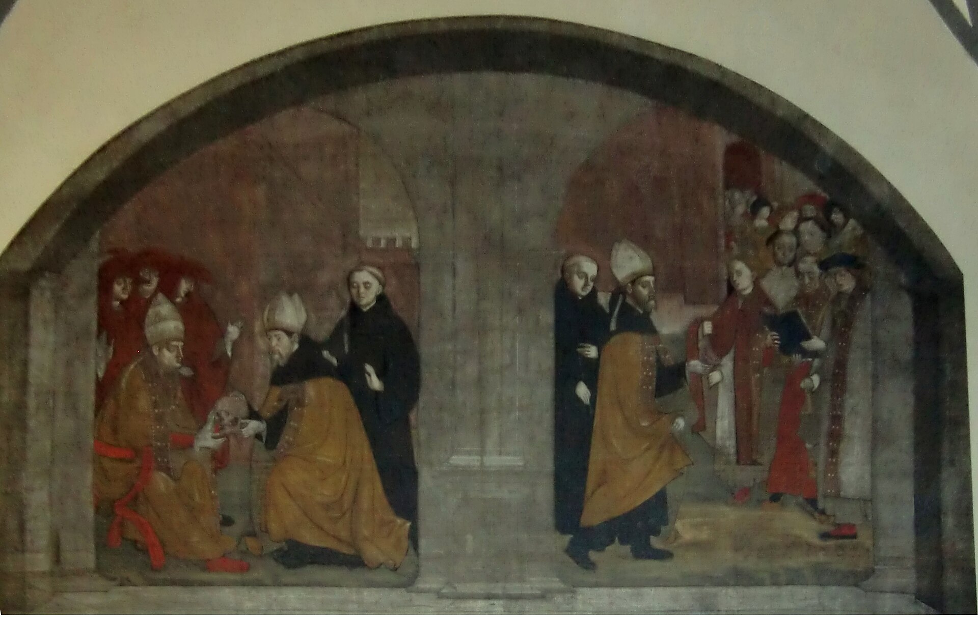la vita di san grato dipinta nella cattedrale di aosta, il vescovo inginocchiato che porge il teschio al papa seduto in trono