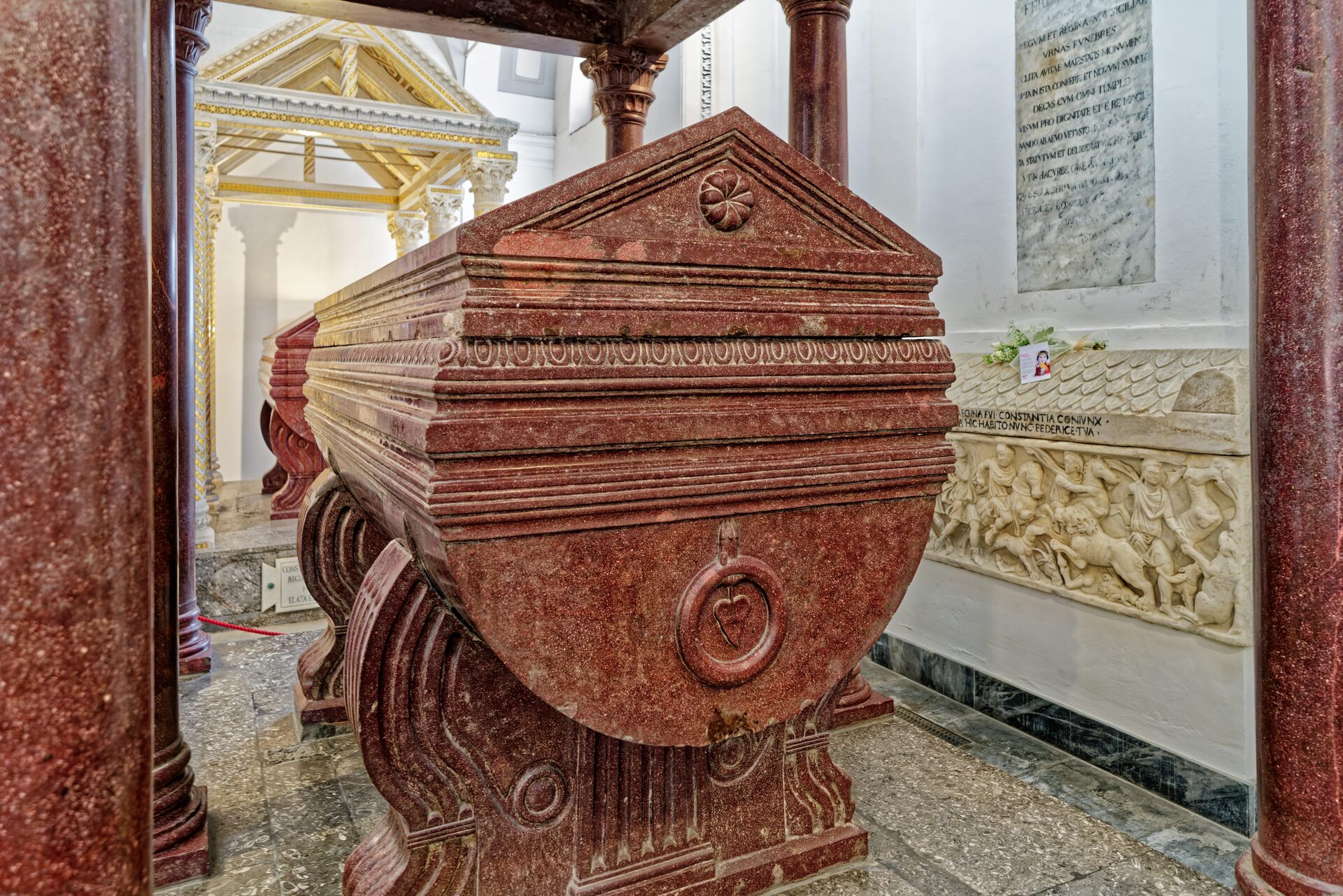 the imperial red porphyry sarcophagi in the side chapel of palermo cathedral