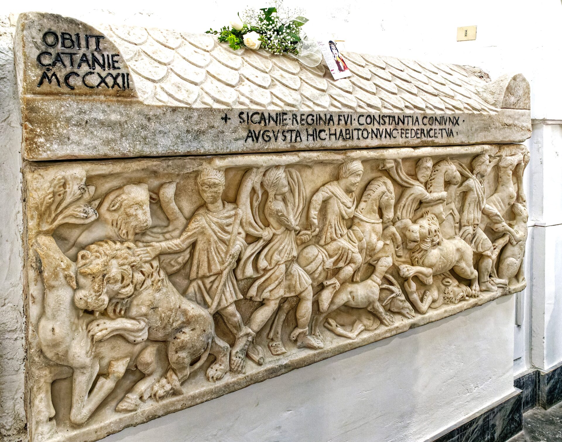 the roman sarcophagus of constance of aragon with the lion hunt relief and the obiit catanie inscription
