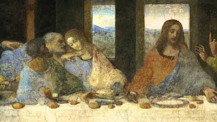the figure of Christ in the Last Supper, with the paint surface heavily worn away