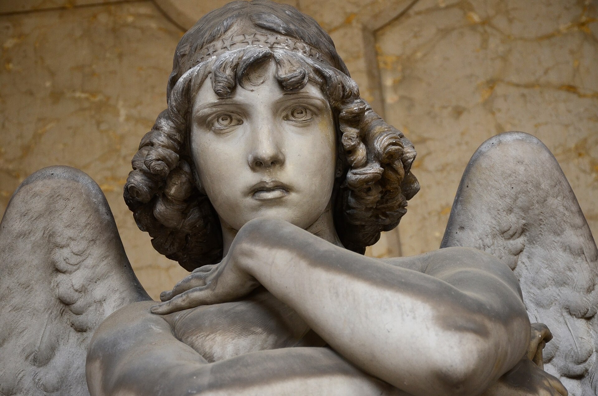 el rostro y las alas del angel de la tumba oneto esculpido por giulio monteverde en staglieno