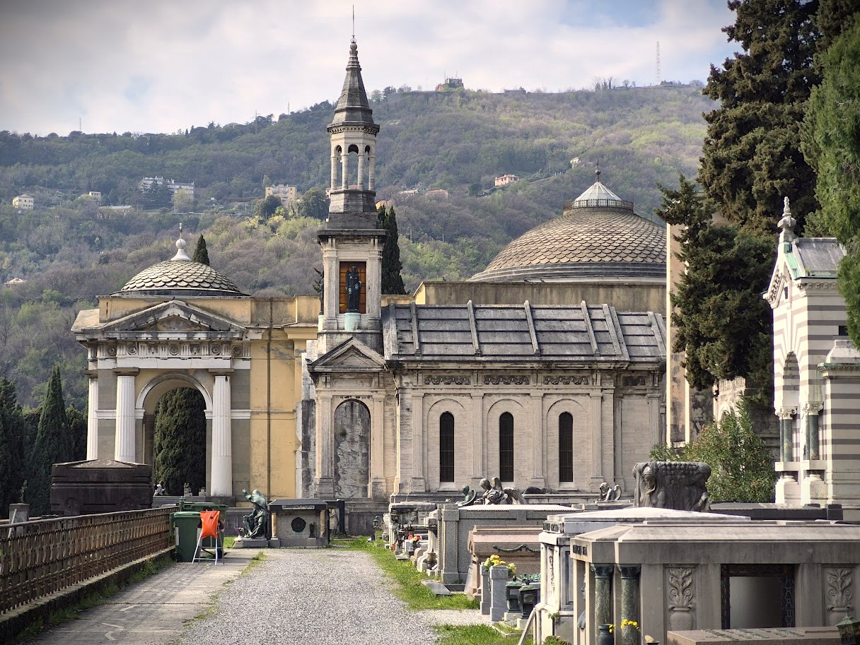 upper portico of staglieno cemetery with the pantheon in the background