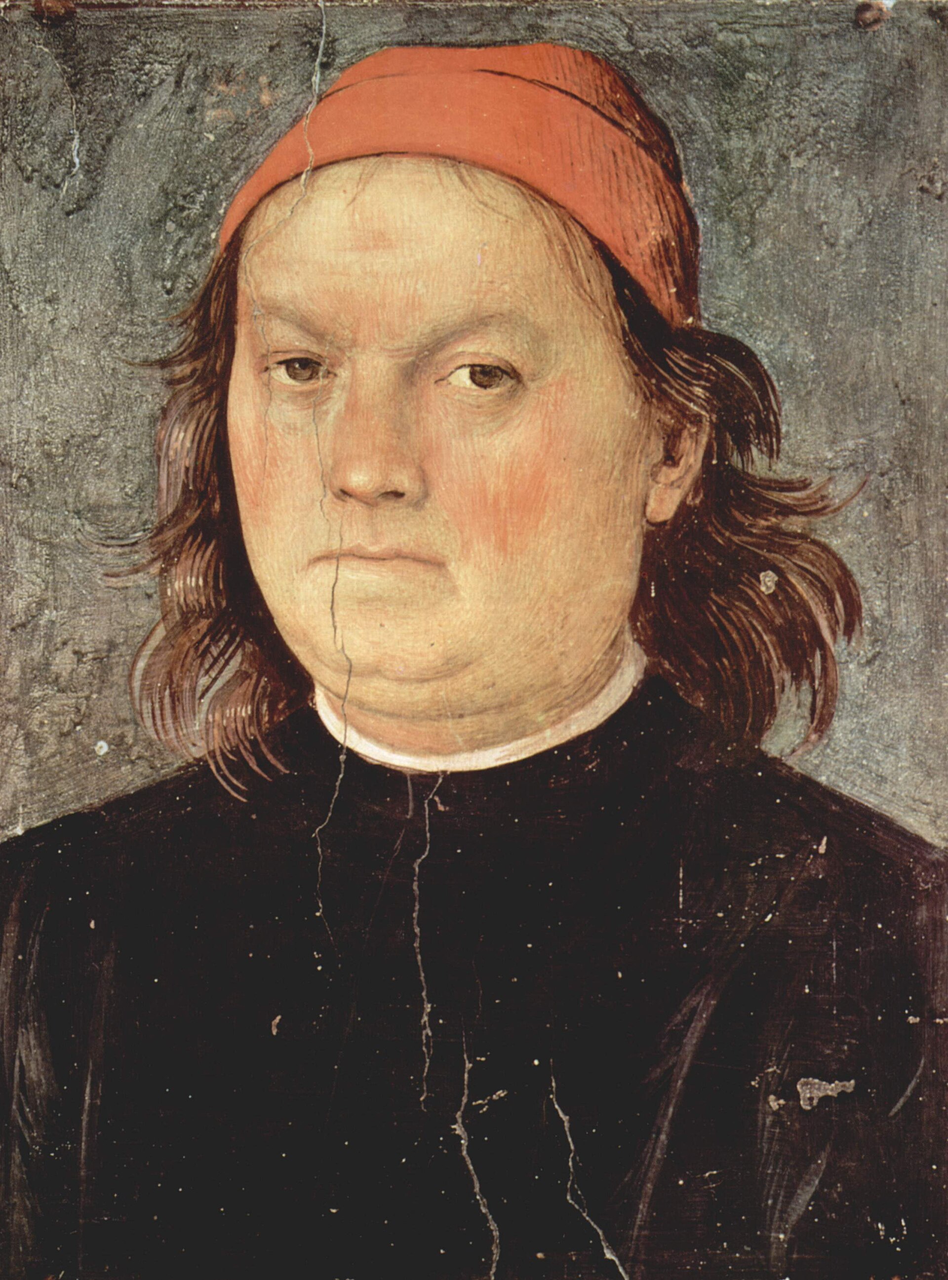 autoritratto del perugino dipinto dentro una cornice sul pilastro