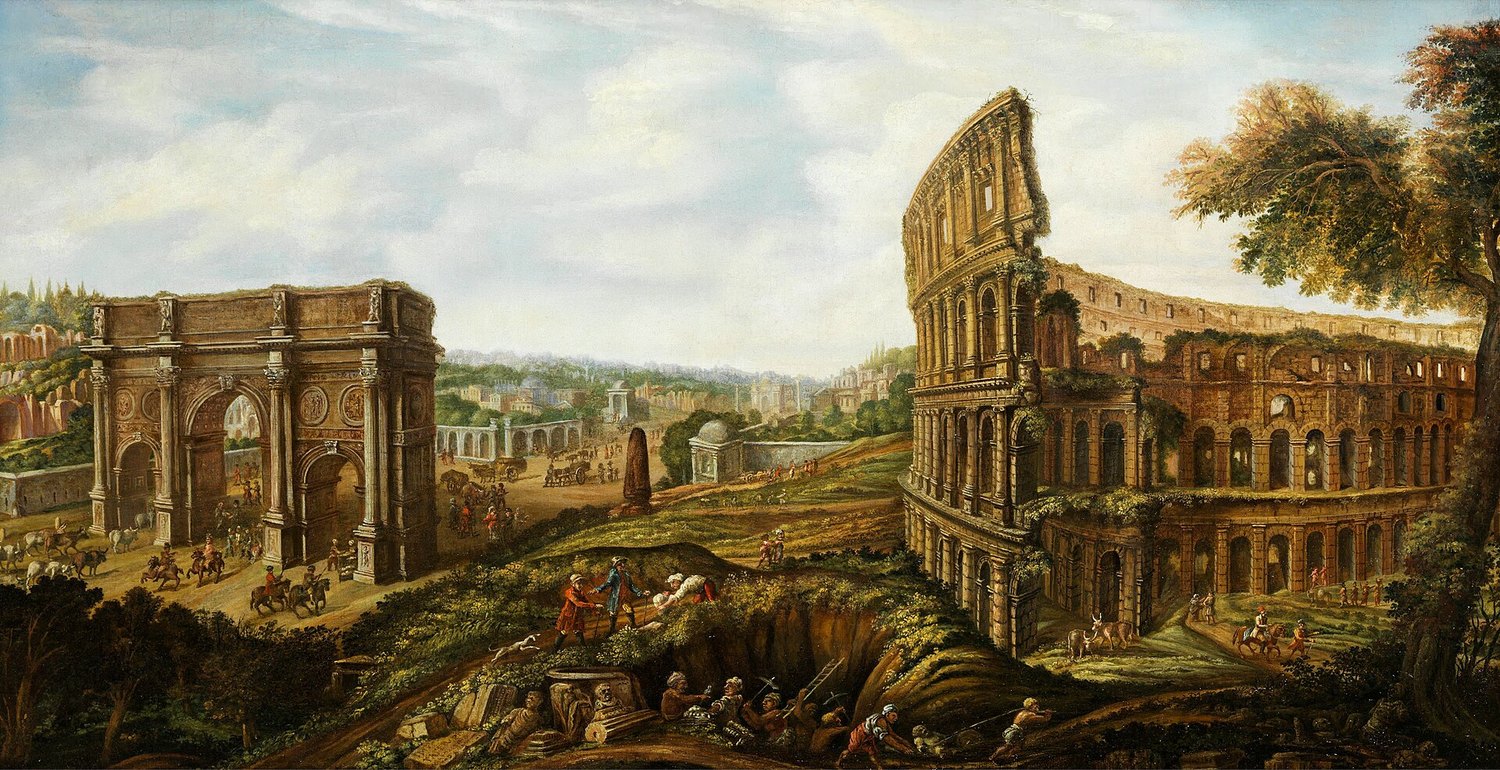 veduta dipinta del Colosseo nell'Ottocento, invaso dalla vegetazione, con l'arco di Costantino a sinistra e scavi in primo piano
