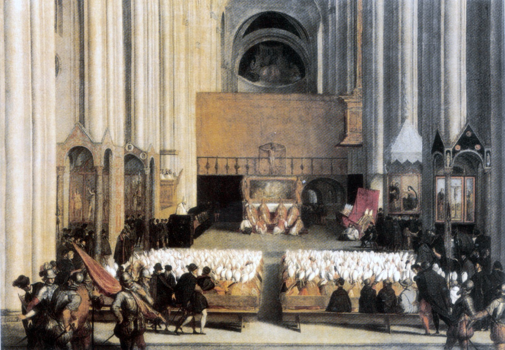 dipinto che raffigura una seduta del concilio di trento con i padri conciliari nella navata di una chiesa