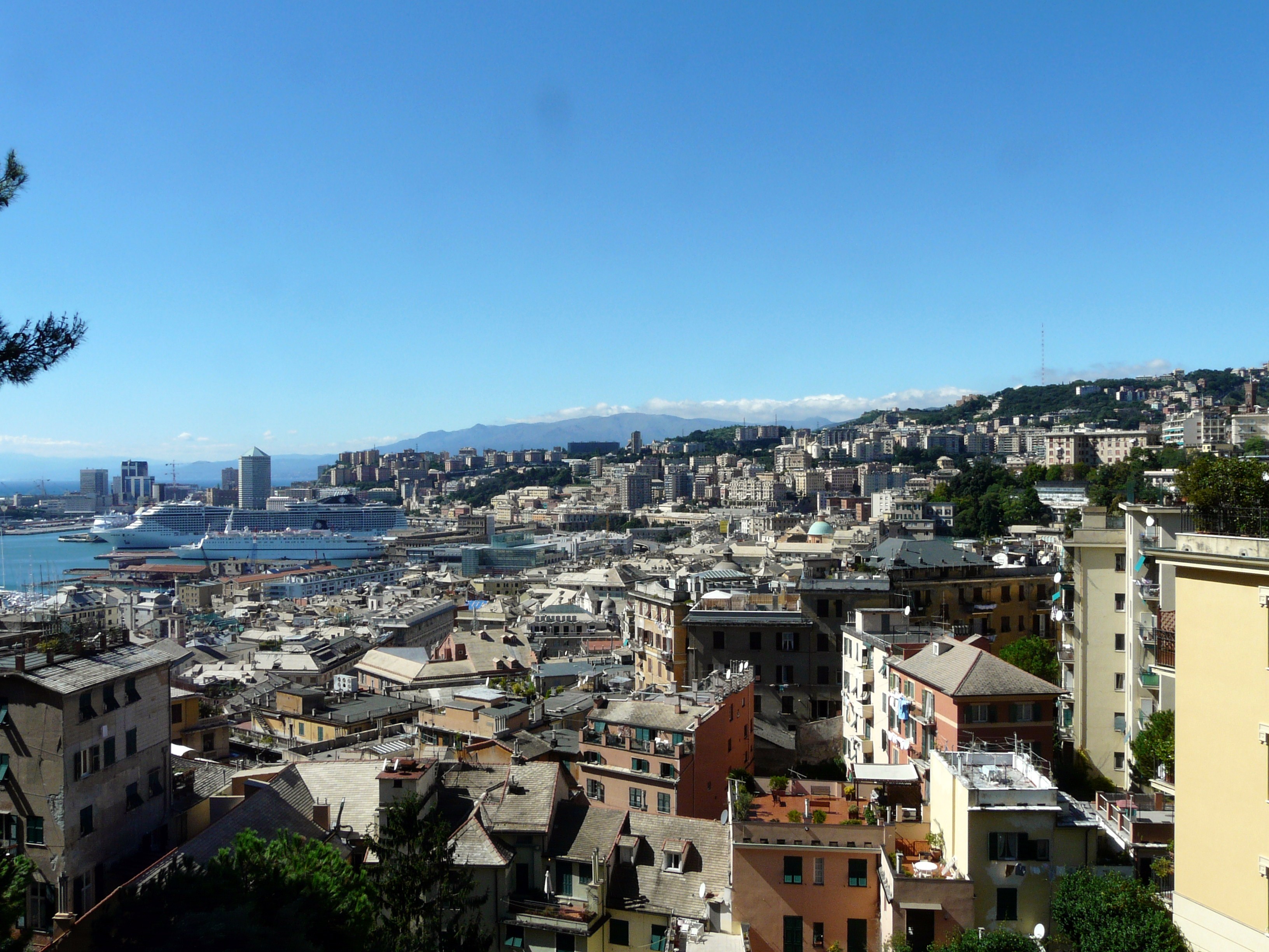view of genoa from the castelletto belvedere with the harbour in the background
