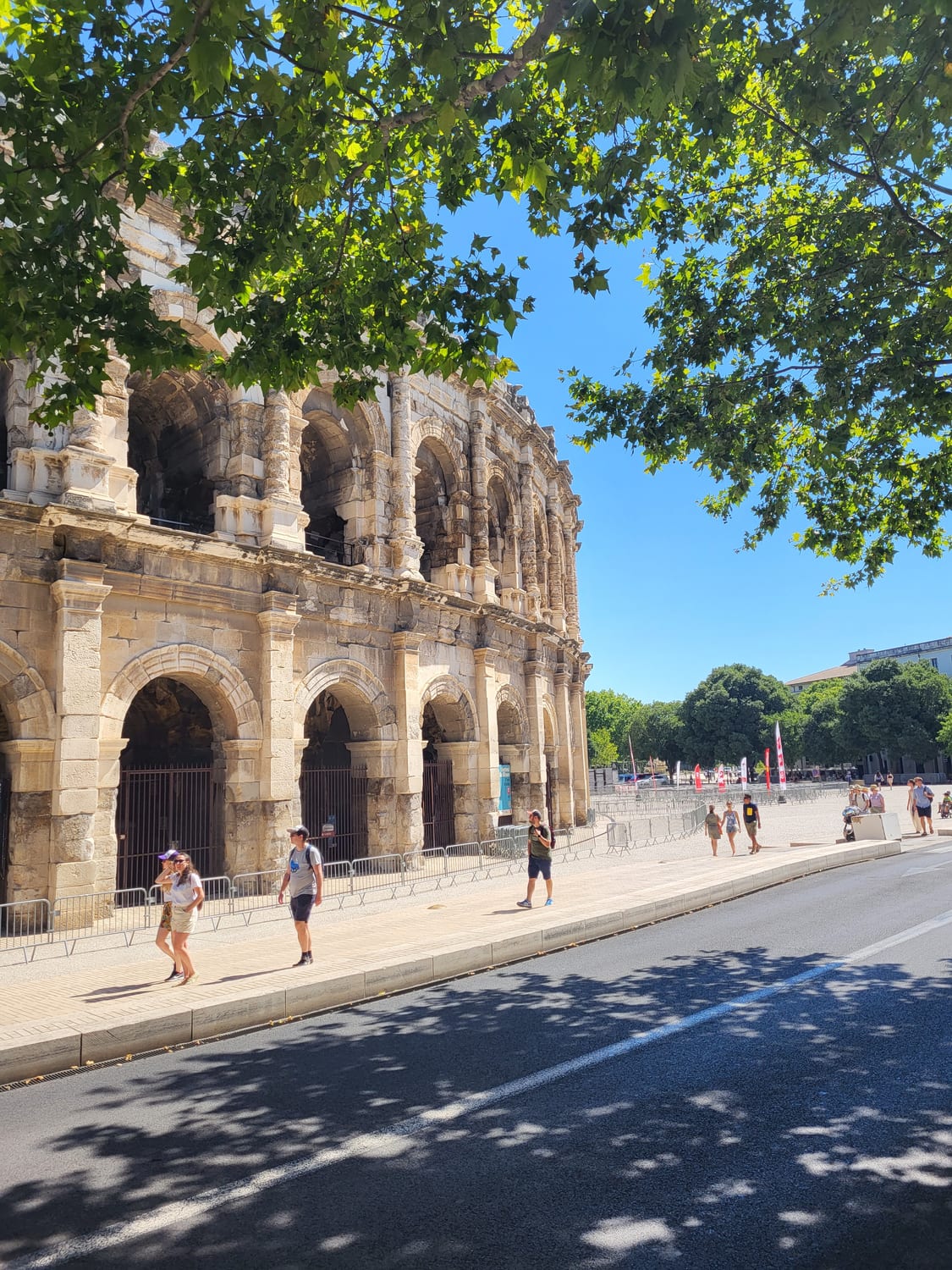 la fachada de la Arena de Nimes vista desde la calle bajo los plátanos, con sus dos niveles de arcadas