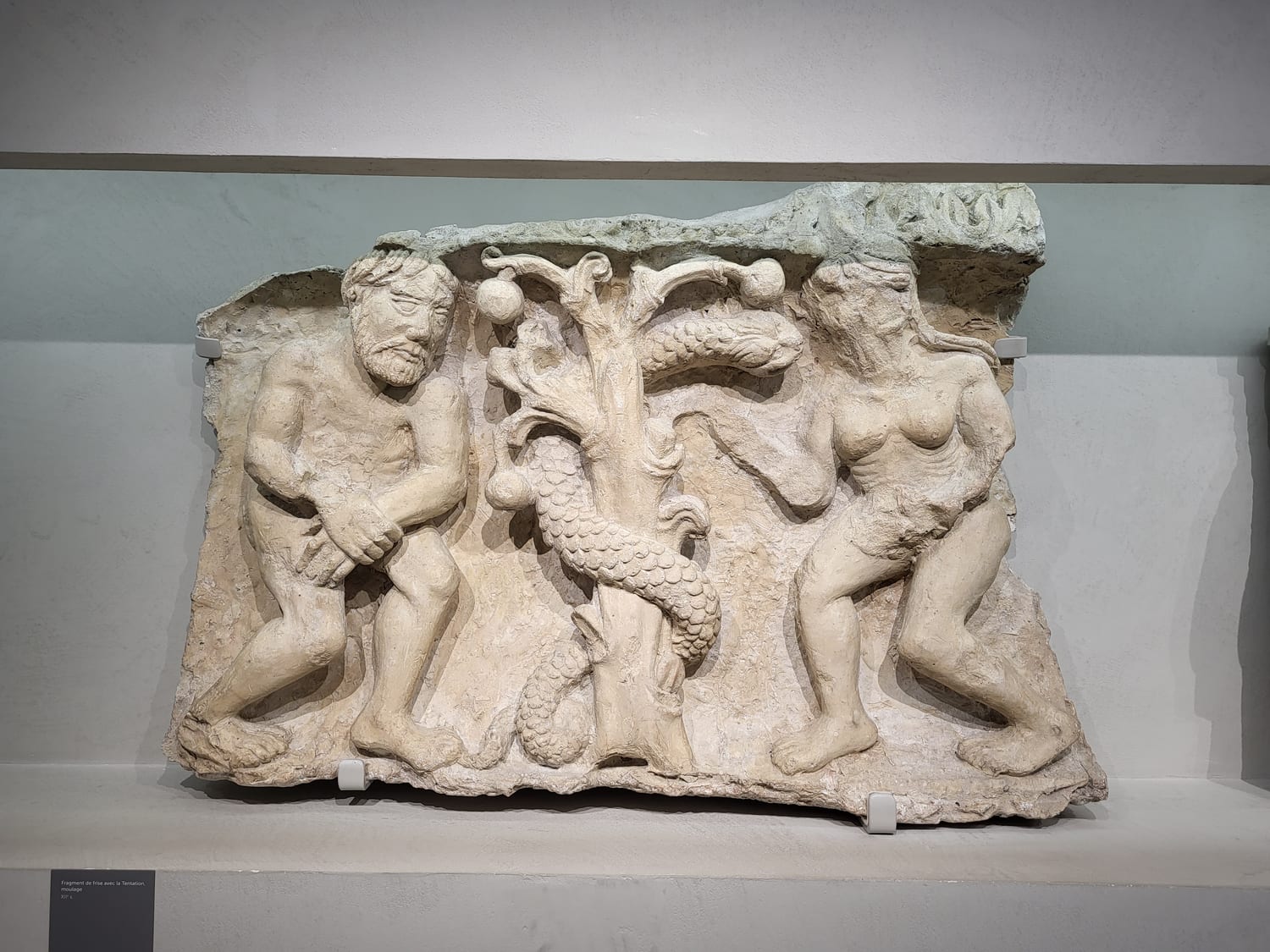 un friso románico del siglo XII con Adán y Eva a ambos lados del árbol y la serpiente enroscada al tronco, vaciado expuesto en el Musée de la Romanité de Nimes