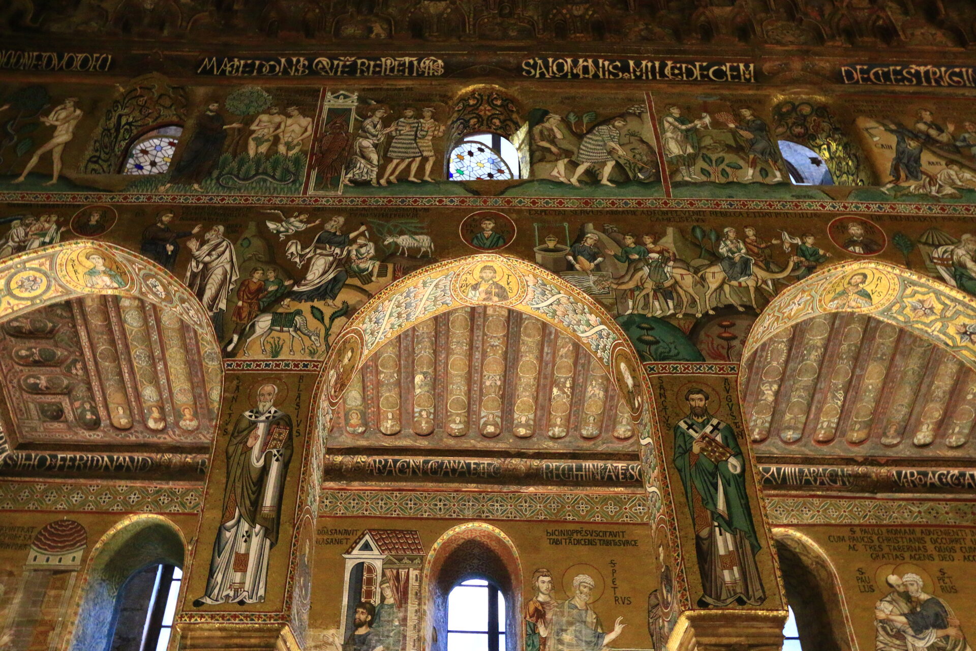 the golden mosaics of the palatine chapel in palermo with the arches and christ pantocrator