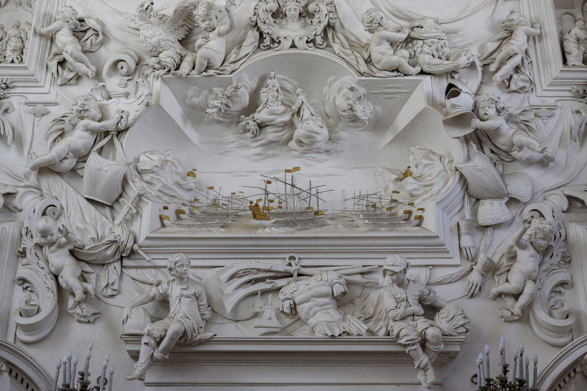 the white stuccoes of giacomo serpotta in the oratory of santa cita in palermo with the battle of lepanto