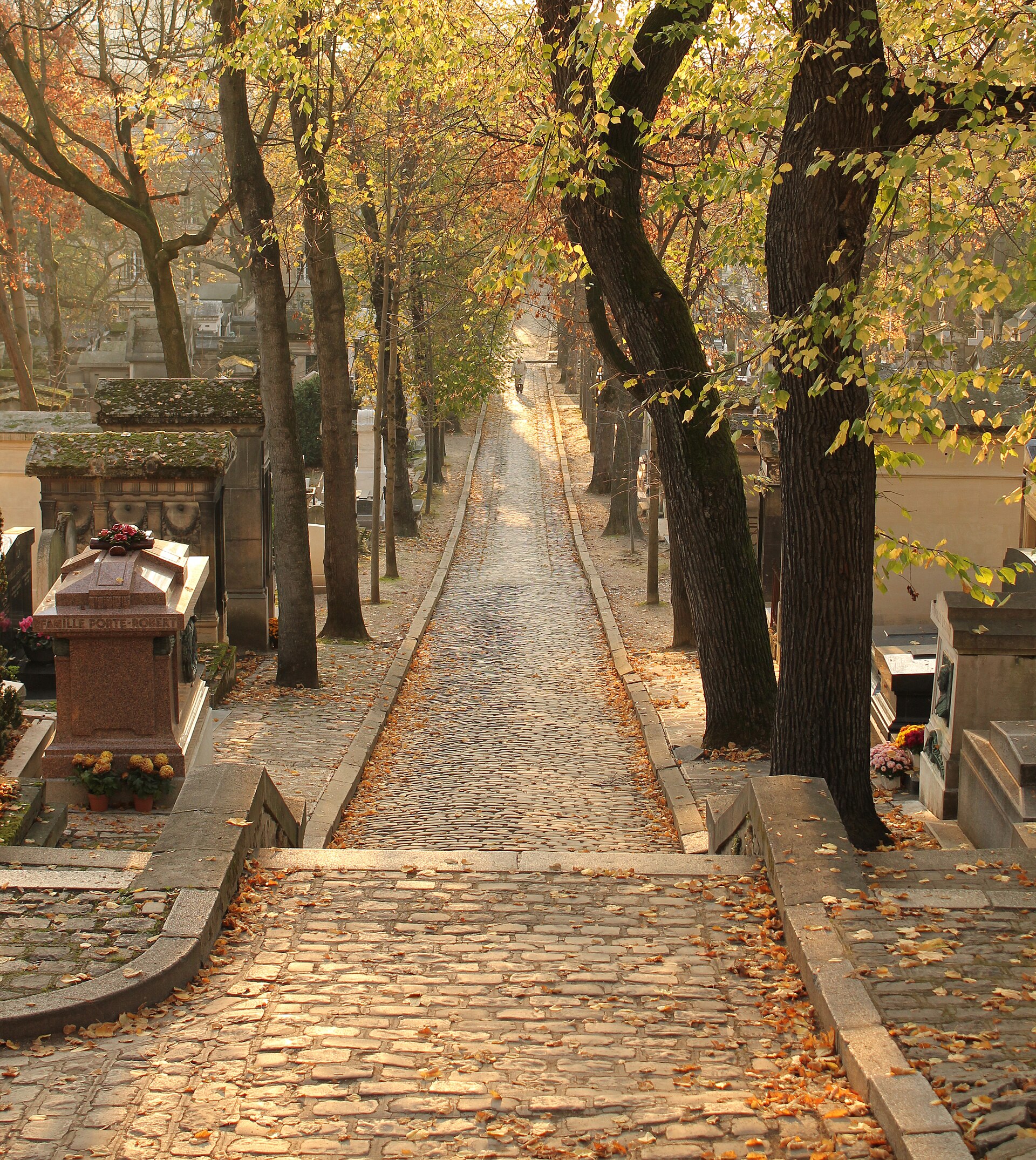 un viale acciottolato in salita nel cimitero del pere lachaise a parigi, le tombe di pietra fra gli alberi, le foglie gialle cadute e una tomba di granito rosa con crisantemi in primo piano a sinistra