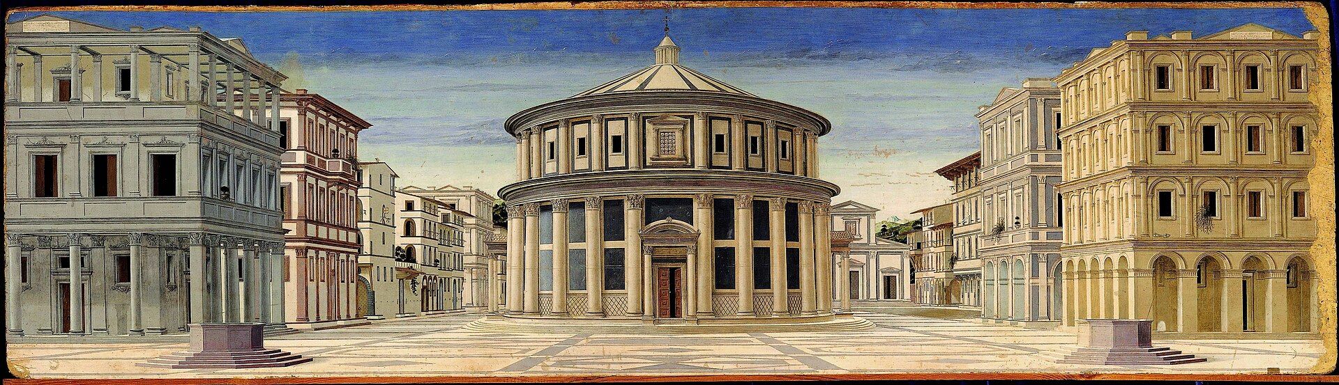 the ideal city, a panel with an empty square, two octagonal wells and a circular building at the centre