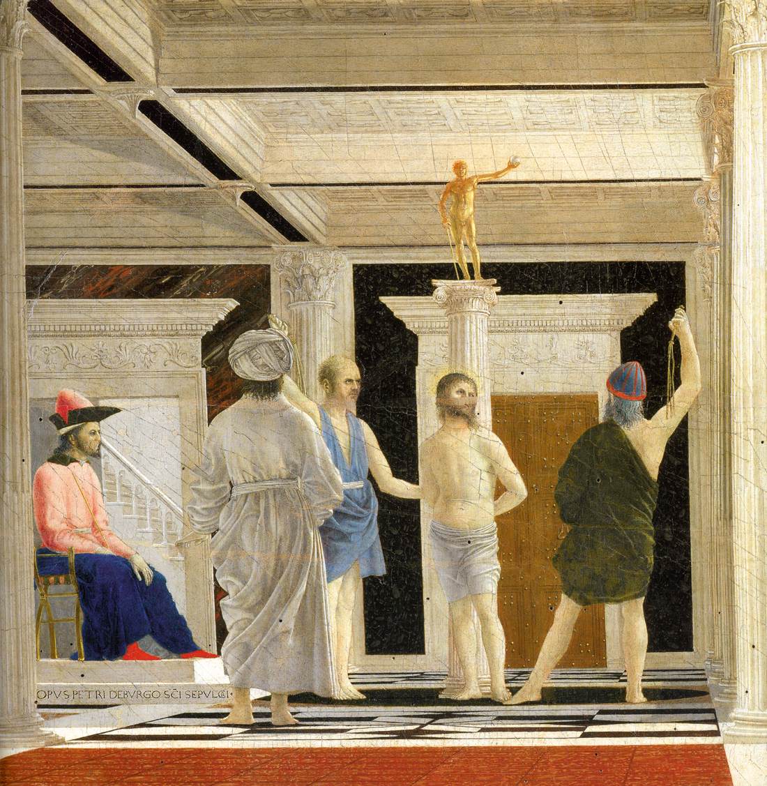 detail of the flagellation scene with christ at the column and pilate seated in the background of piero della francesca’s panel