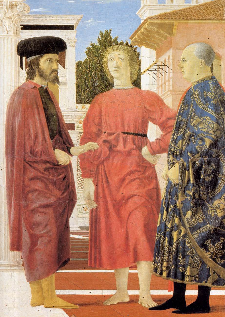 detail of the three enigmatic men in the foreground of piero della francesca’s flagellation