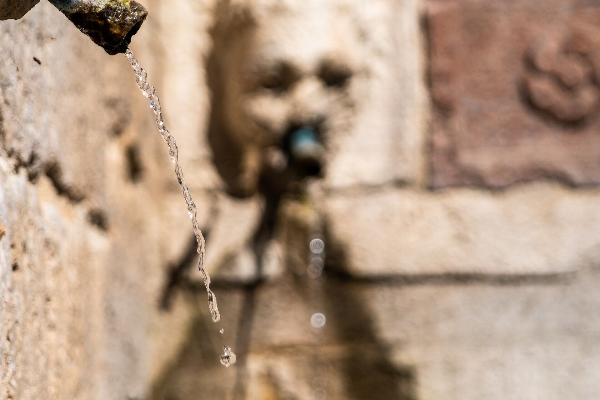 dettaglio di due mascheroni della fontana delle 99 cannelle con i pannelli scolpiti a rosette fra l uno e l altro