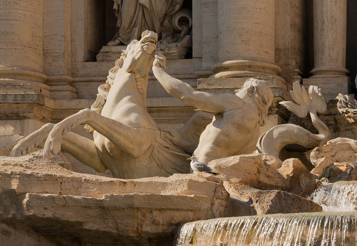 dettaglio della scogliera di travertino della Fontana di Trevi con un tritone e un cavallo marino che s'impenna