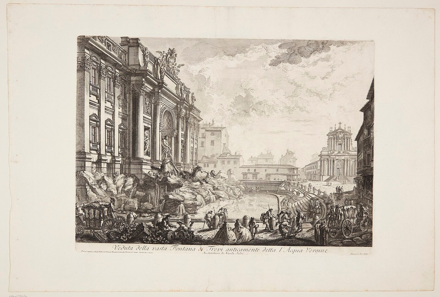 veduta settecentesca della Fontana di Trevi incisa da Giovanni Battista Piranesi nel 1751, con il cantiere ancora aperto