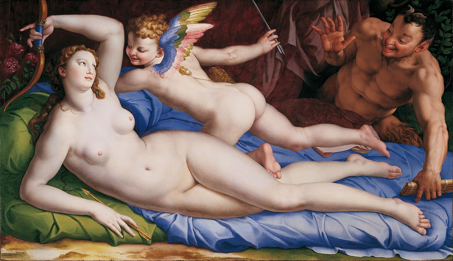venere cupido e satiro del bronzino, con venere distesa su un cuscino verde e un drappo azzurro che stringe l arco di cupido, il bambino alato accanto a lei e un satiro alle loro spalle