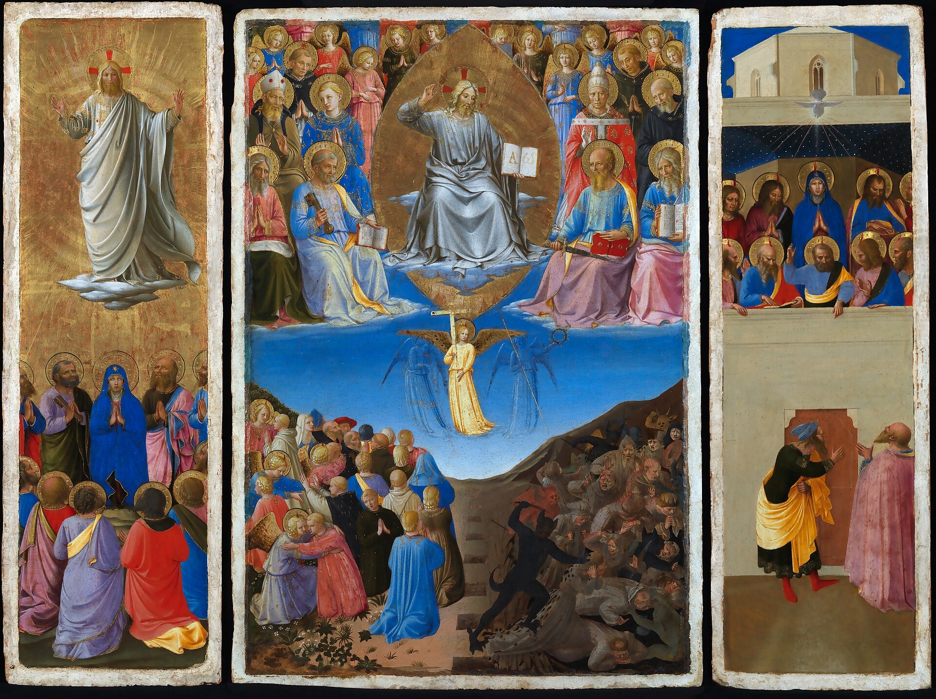 il trittico del beato angelico alla galleria corsini, con l ascensione a sinistra, il giudizio universale al centro con la fila dei sepolcri aperti e la pentecoste a destra, su fondo oro