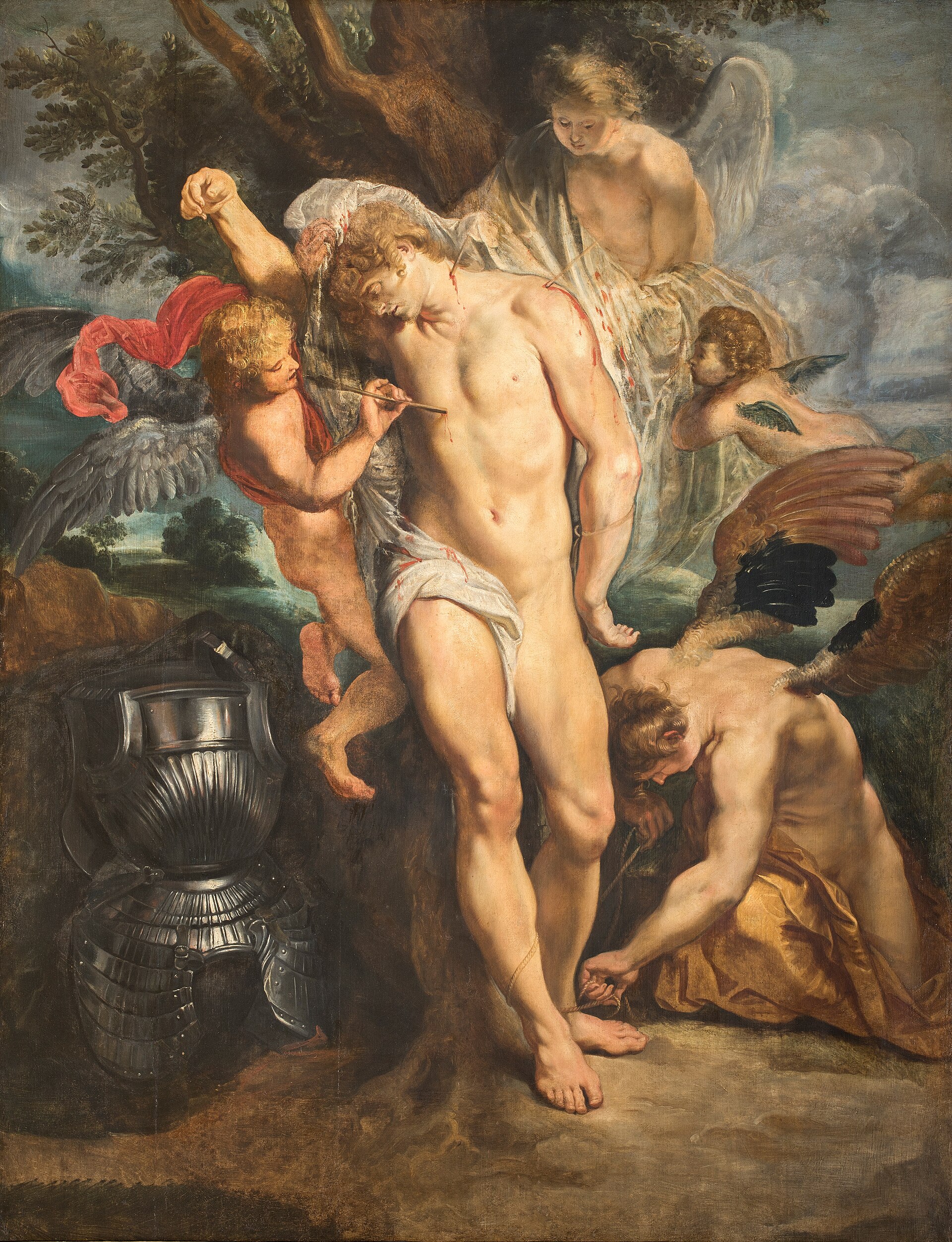 il san sebastiano curato dagli angeli di rubens, con il santo ancora legato all albero, un amorino che gli toglie una freccia dal petto, un angelo inginocchiato che gli scioglie la corda e l armatura a terra