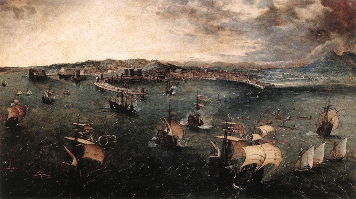 la Battaglia navale nel golfo di Napoli di Pieter Bruegel il Vecchio, con le navi in cerchio nella baia e il Vesuvio in fondo