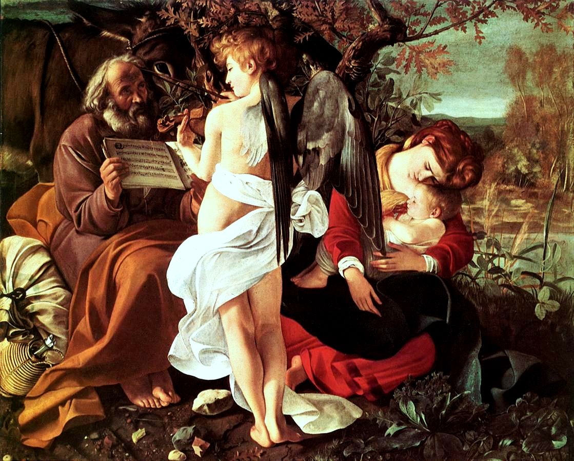 il Riposo durante la fuga in Egitto di Caravaggio, con l'angelo di schiena che suona il violino tra Giuseppe e la Madonna addormentata