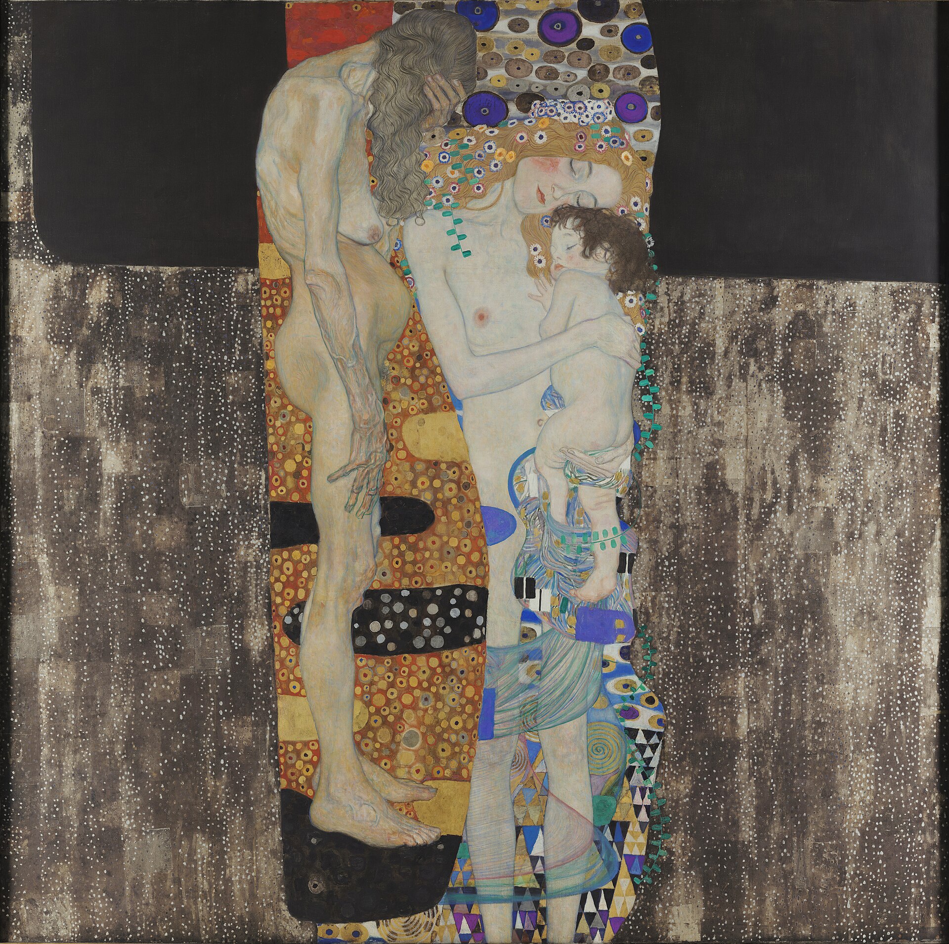 le tre eta di klimt, con la vecchia a sinistra che si copre il volto e la madre che tiene in braccio la bambina addormentata, su fondo a decori dorati