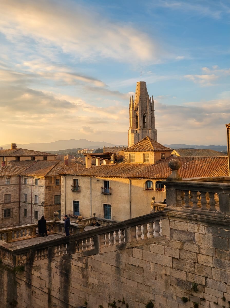 los tejados de teja del Barri Vell de Girona y el campanario de Sant Feliu vistos desde la muralla al atardecer
