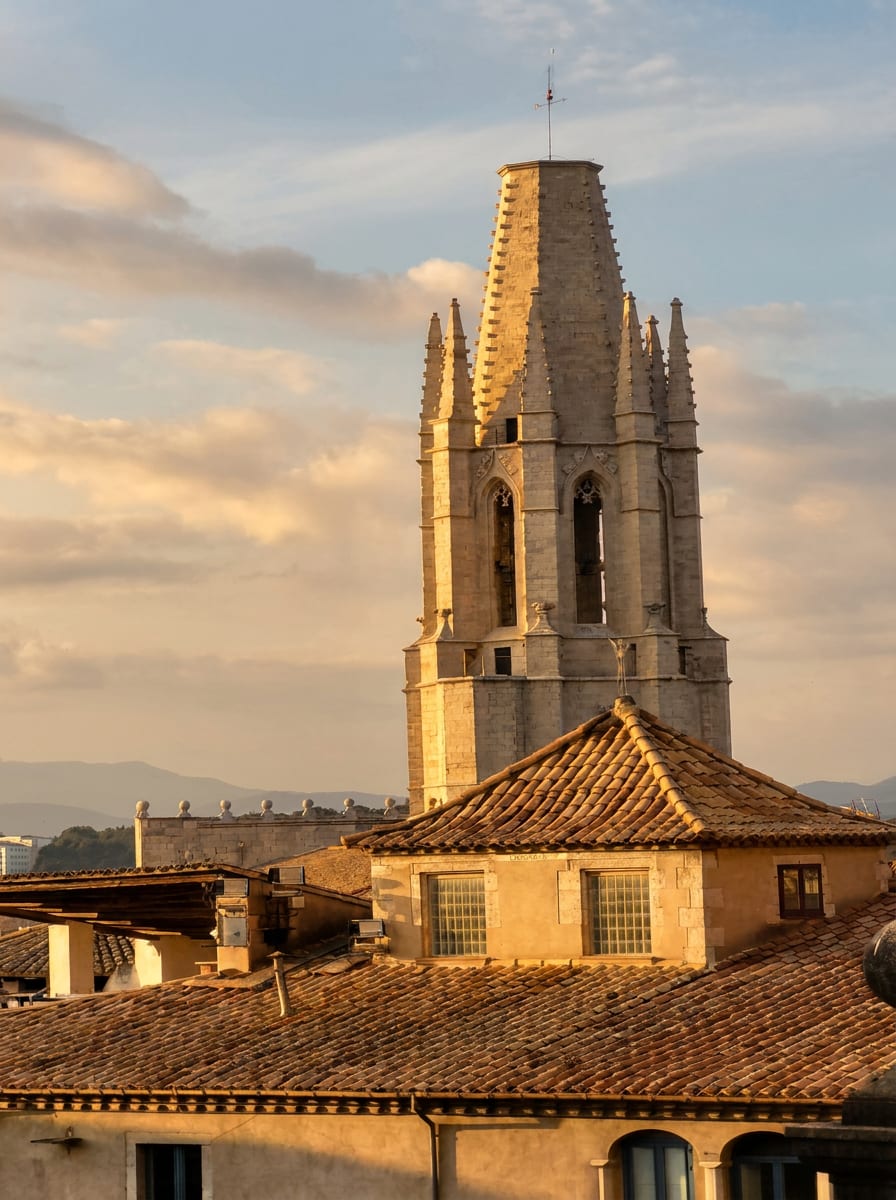 el campanario gótico de Sant Feliu en Girona con la aguja central truncada y las agujas laterales, sobre los tejados de teja árabe