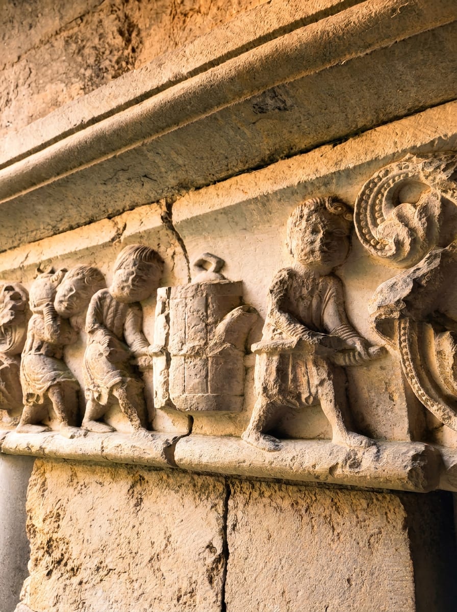 capitel románico historiado en el claustro de la catedral de Girona con figuras esculpidas que transportan un peso