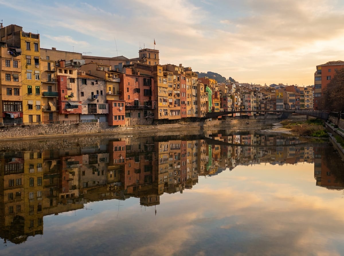 las casas de colores sobre el Onyar en Girona con su reflejo en el agua y el puente al fondo