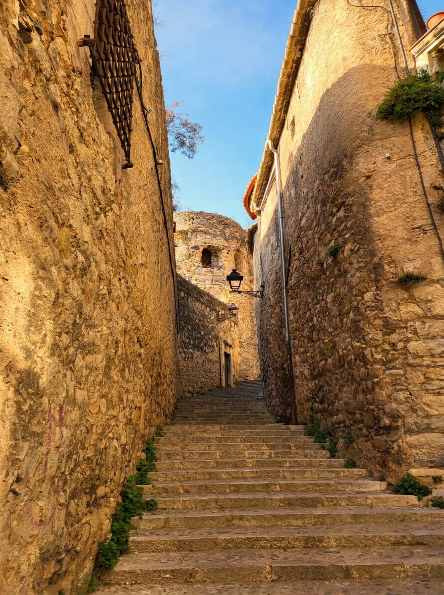 una escalera de piedra en el Barri Vell de Girona que sube entre muros antiguos hacia una torre de la muralla