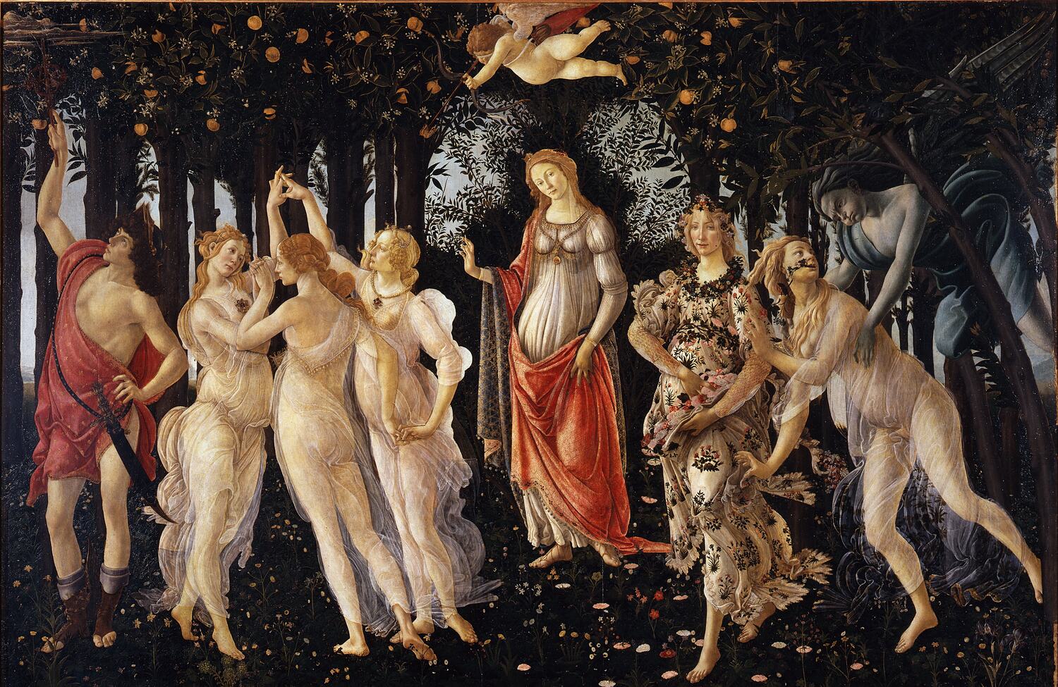 le printemps de botticelli, avec vénus au centre de la prairie fleurie et les trois grâces qui dansent